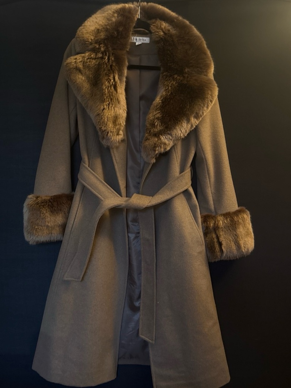 Via Spiga Brown wool, Faux Fur-Trim Wrap Coat